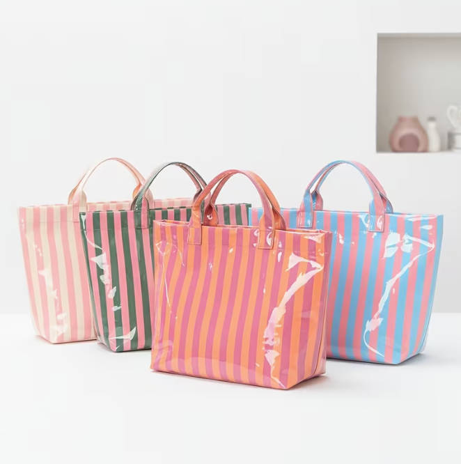 Trending Waterproof Striped PVC Tote Bag Women's Beach Pool Bag