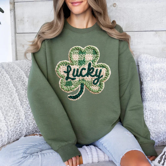 Women's Crewneck Sweatshirt St. Patrick's Day Faux Yarn Lucky Clover
