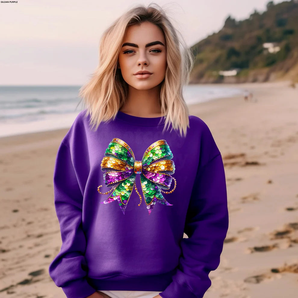 Mardi Gras New Orleans Faux Sequin Bow Unisex Crewneck Graphic Sweatshirt