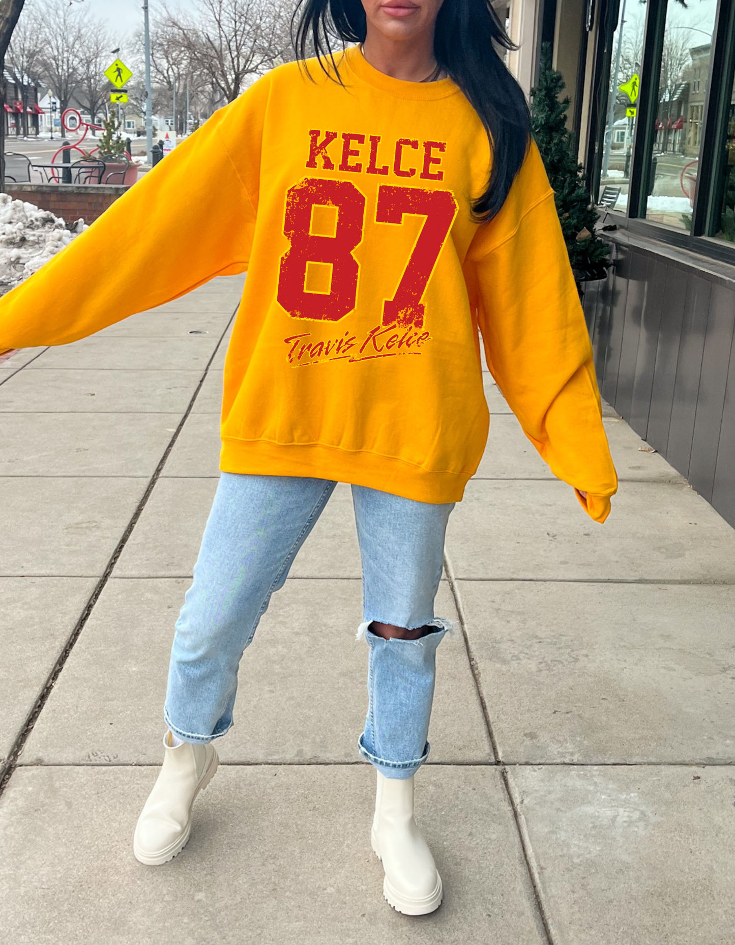 KC Kansas City Chiefs Football Red Font Travis Kelce #87 Graphic Sweatshirt