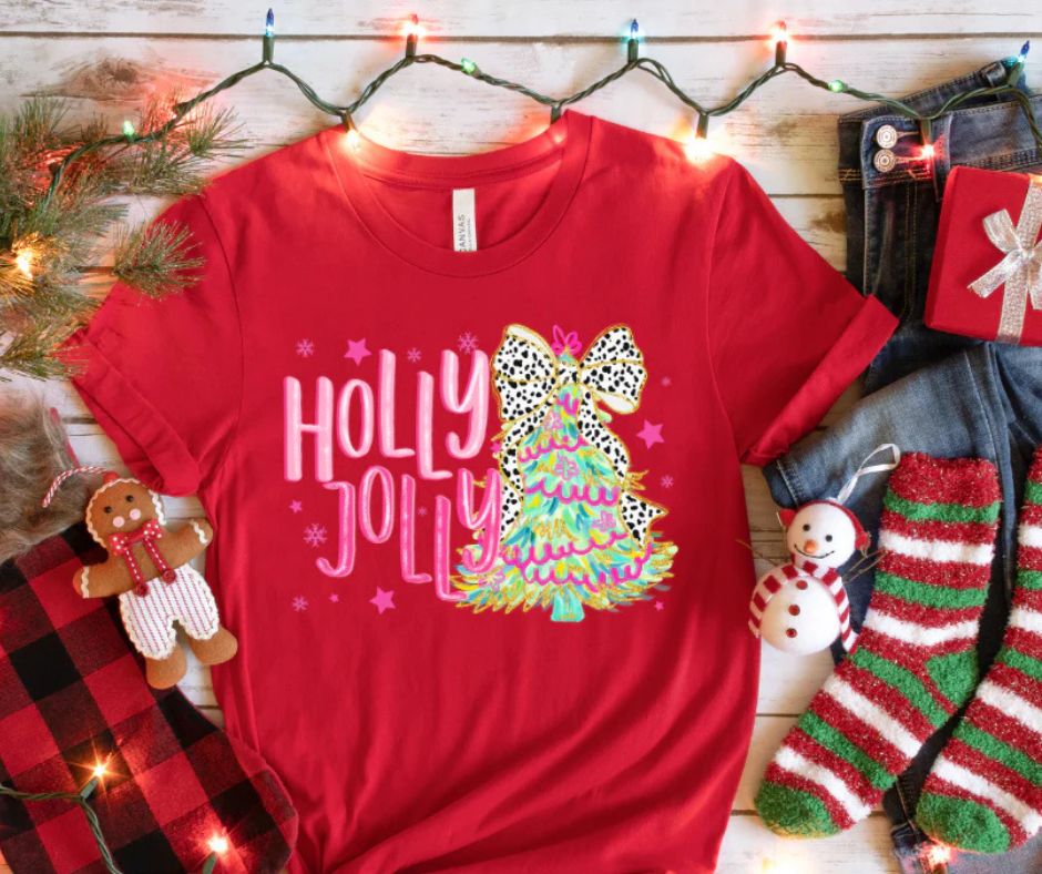 Christmas Tree Dalmation Print Bow Holly Jolly T-Shirt Bella Canvas Brand T-Shirt