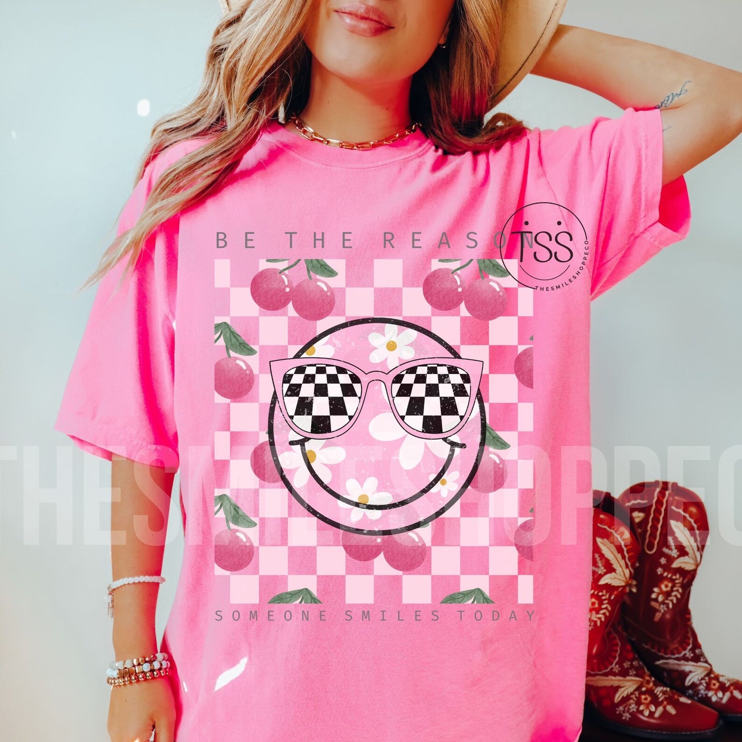 Be The Reason Someone Smiles Today Graphic T-Shirt Cherries Checkered Smiley Face Tee