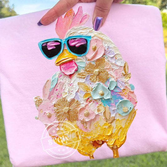 Easter Chicken Sunglasses Brushtroke Preppy Easter Graphic T-Shirt