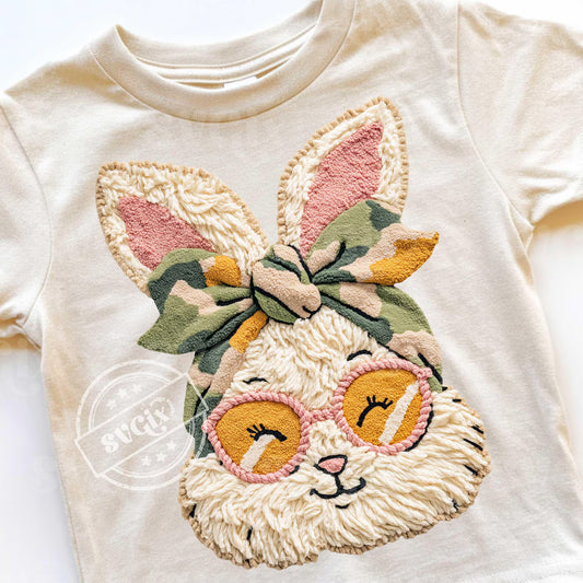 Faux Yarn Girl Easter Bunny Camouflage Bow Graphic T-Shirt Comfort Colosr Tee
