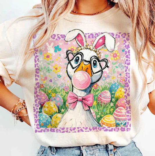 Comfort Colors Easter Preppy Goose Pink Bubblegum Floral Easter Eggs Graphic T-Shirt