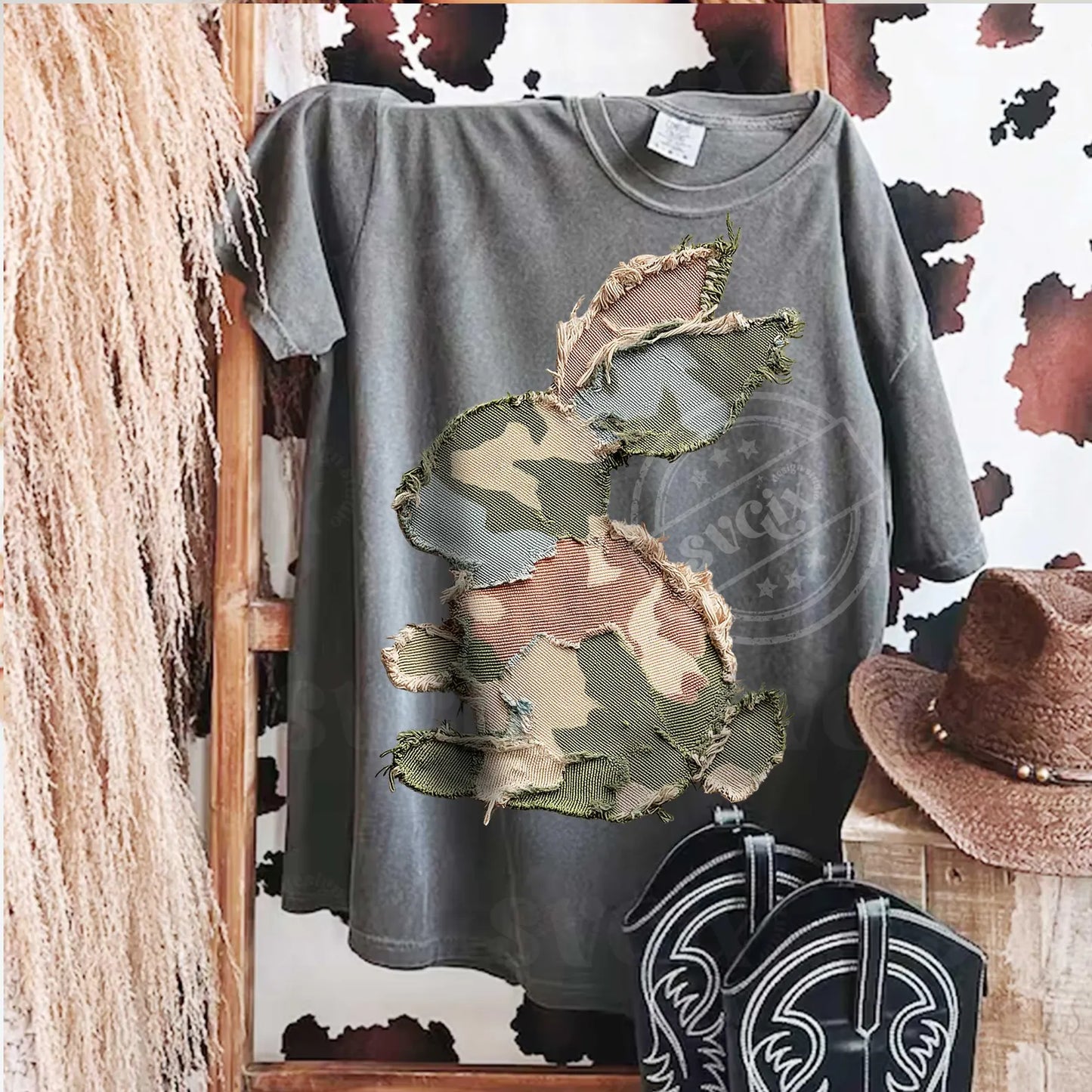 Comfort Colors Camouflage Easter Bunny Faux Patchwork Graphic T-Shirt