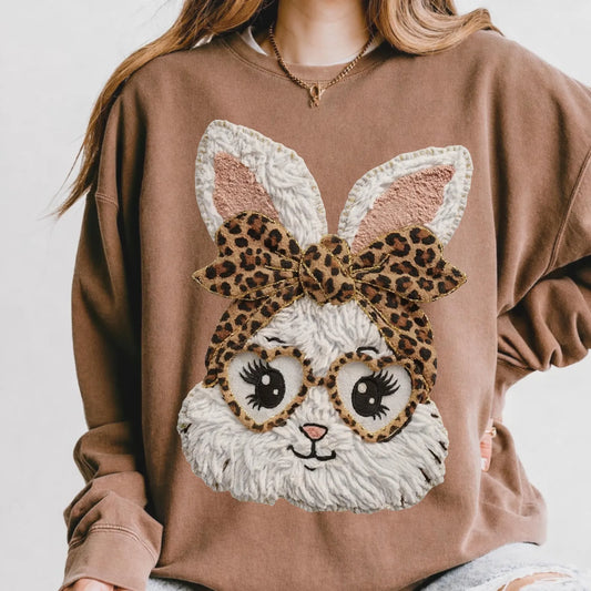 Spring Easter Bunny Leopard Print Bow Glasses Faux Fur Crewneck Sweatshirt