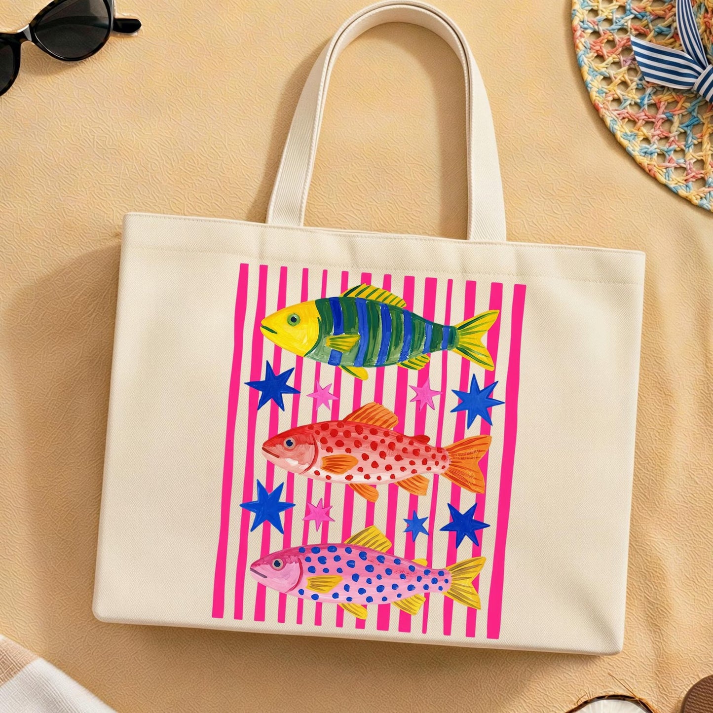 Colorful Tropical Fish Coastal Vibes Canvas Tote Bag Shopping Travel Book Bag