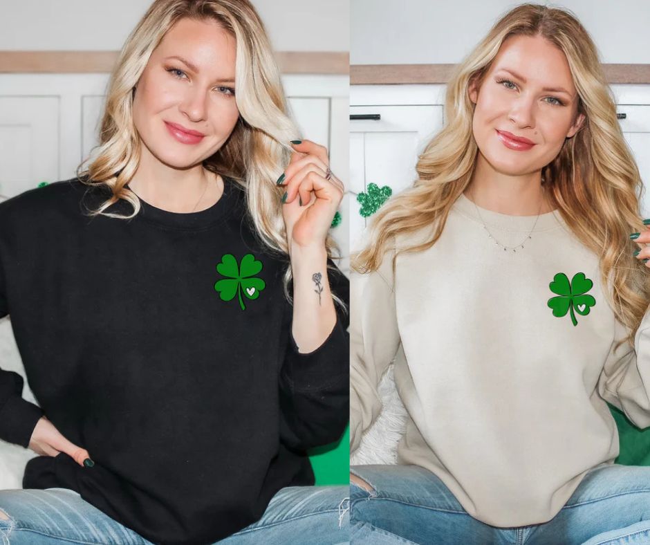 Women's St. Patricks Day Crewneck Sweatshirt Shamrock Four Leaf Clover Pocket Design