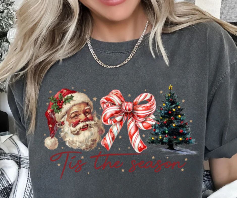 Comfort Colors Holiday Christmas "Tis The Season" Graphic T-Shirt Santa Bow Christmas Tree