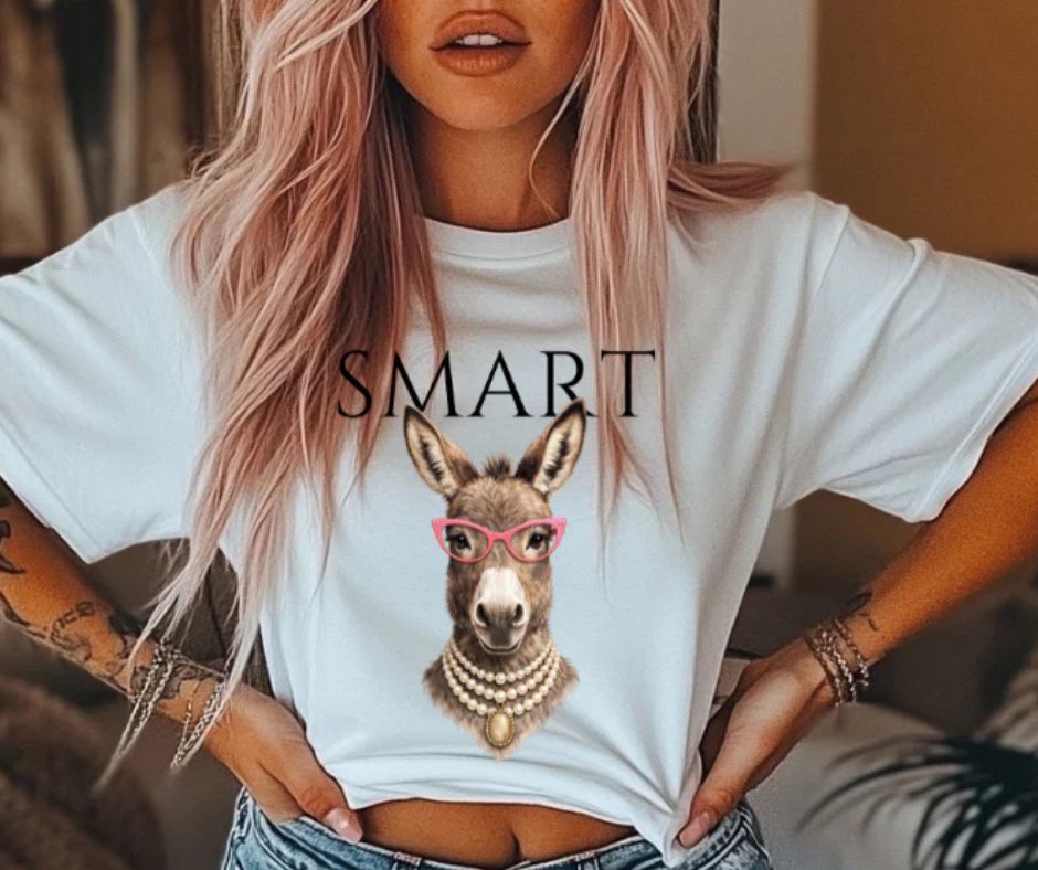 Unisex Women's Smart Ass Donkey with Glasses Graphic T-Shirt Gildan Brand Tee