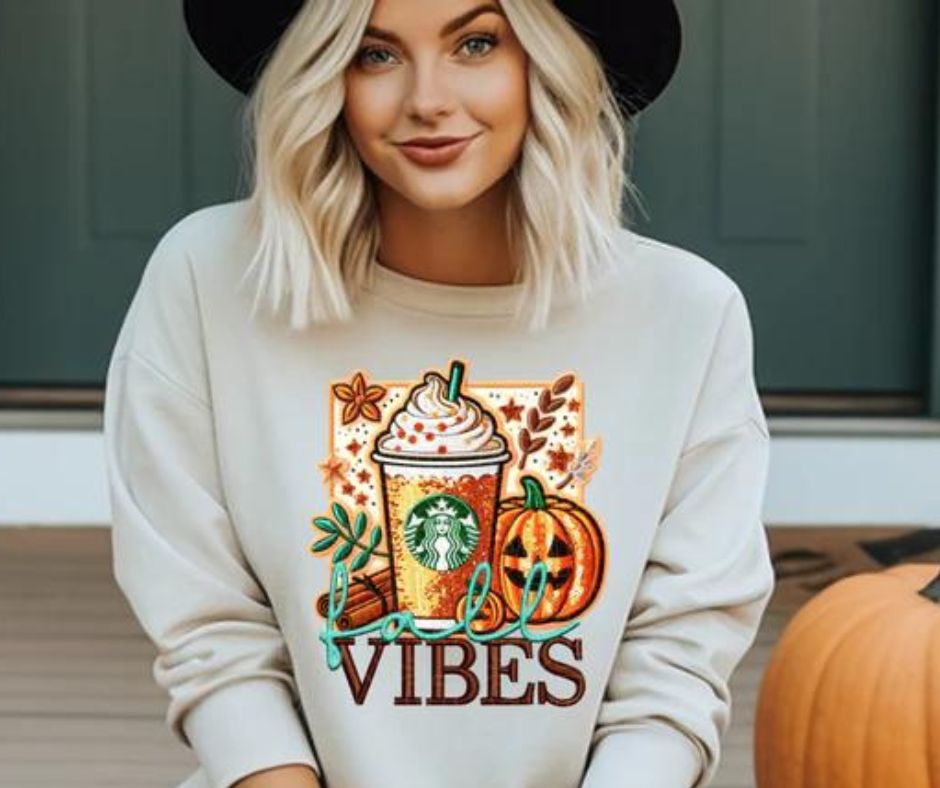 Women's Starbucks Pumpkin Spice Coffee Fall Vibes Graphic Crewneck Sweatshirt Turquoise