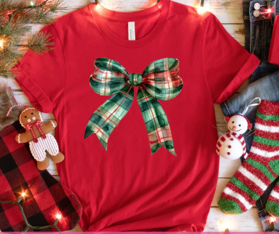Unisex Hoiday Christmas Plaid Bow Graphic Tee Bella Canvas Brand T-Shirt