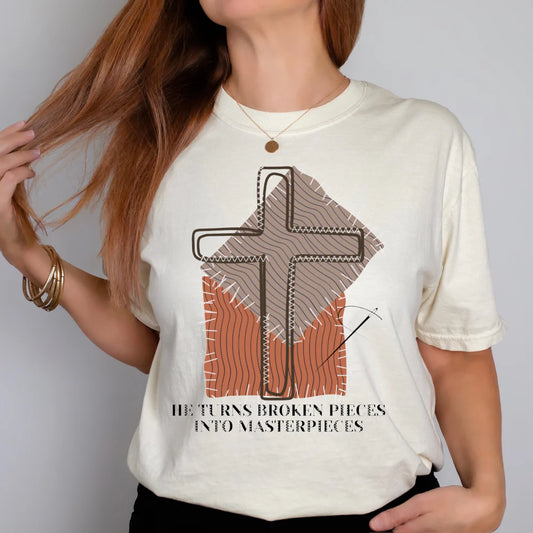 Cross Sewing Easter Graphic Tee He Turns Broken Pieces Into Masterpieces