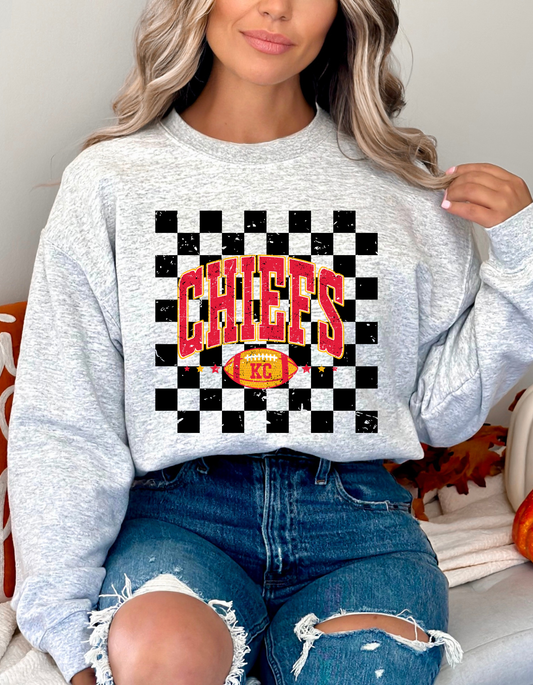 Unisex KC Kansas City Chiefs Foootball Distressed Checkered Football Graphic Sweatshirt