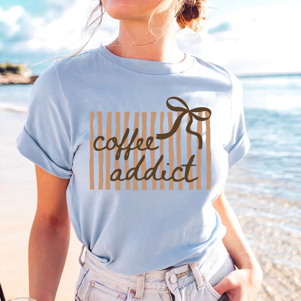 Coffee Addict Bow Stripes Graphic T-Shirt Unisex Comfort Colors Brand Tee