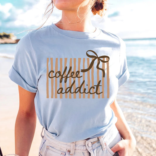 Coffee Addict Bow Stripes Graphic T-Shirt Unisex Comfort Colors Brand Tee
