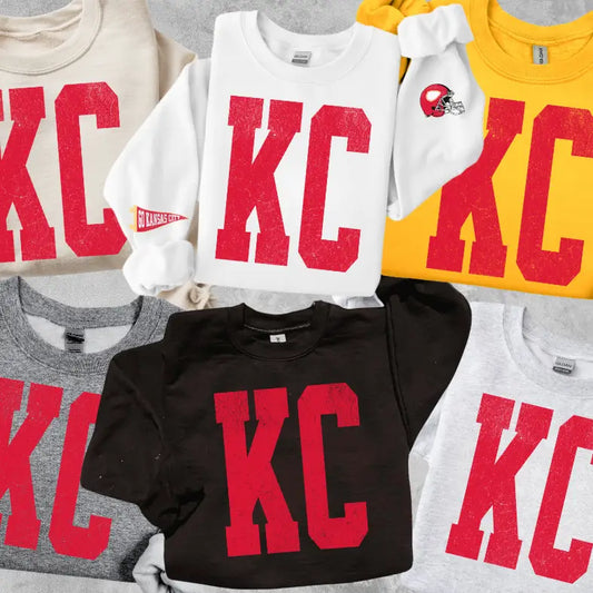 Bold KC Crewneck Sweatshirt with Sleeves Helment Banner Kansas City Football