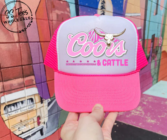 Women's Neon Pink Coors & Cattle Foam Trucker Cap Hat Mountains & Long Horn Cow Skull