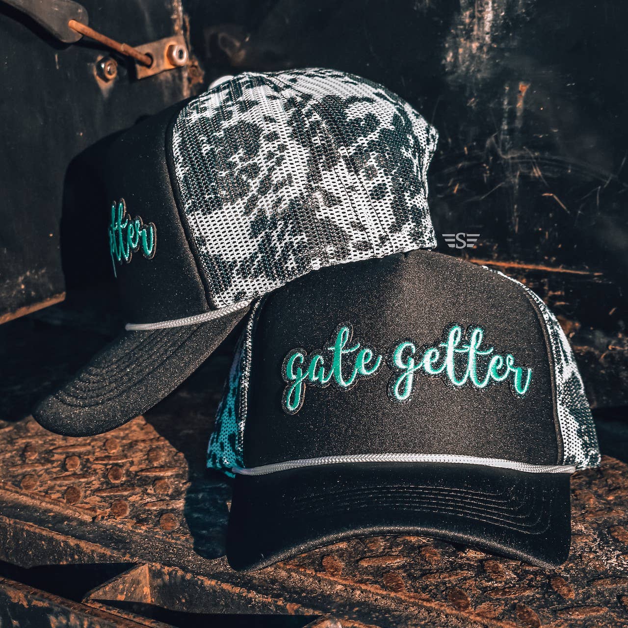 Women's Country Western Cowgirl Gate Getter  Mesh Trucker Cap - Black Cow Print Turquoise