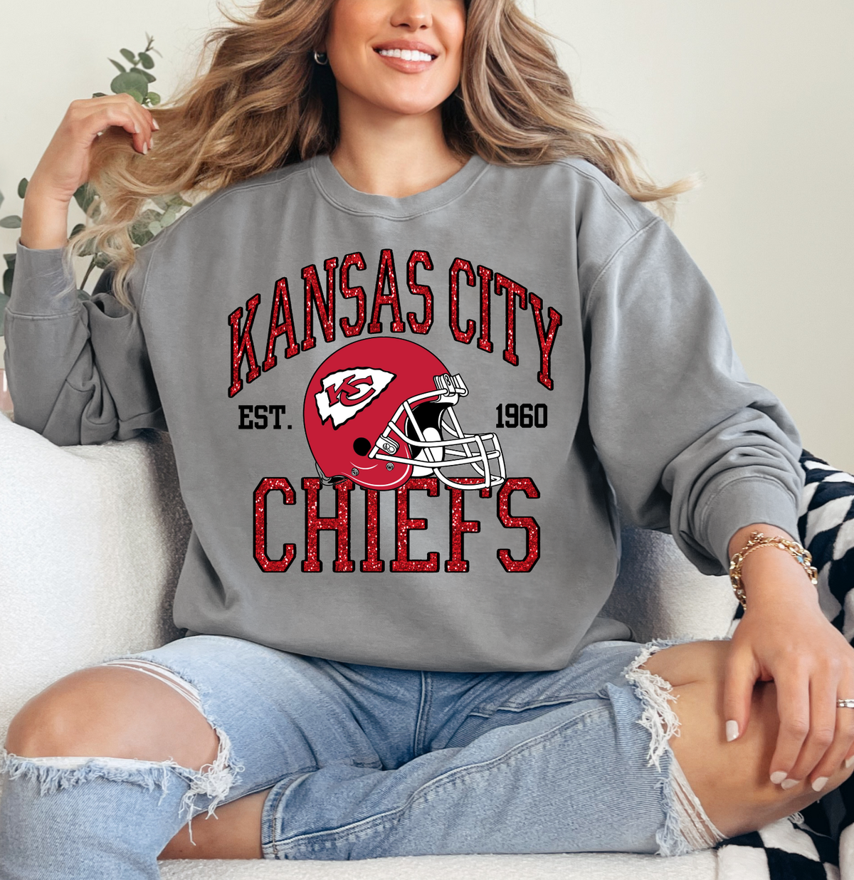 Faux Glitter KC Kansas City Football Unisex Graphic Crewneck Sweatshirt