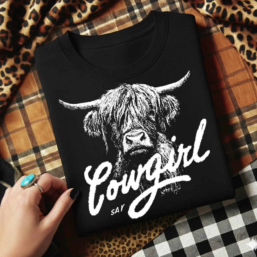 Comfort Colors Brand T-Shirt Say Cowgirl Highland Cow Graphic Tee Western Farm Life