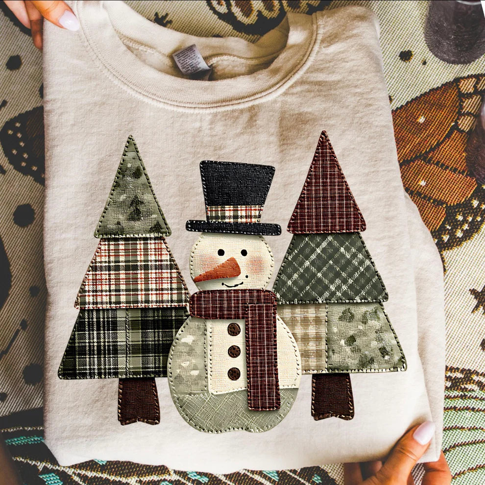 Holiday Christmas Patchwork Faux Quilted DTF Snowman Christmas Tree Crewneck Sweatshirt
