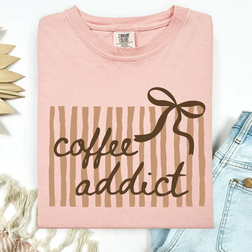 Coffee Addict Bow Stripes Graphic T-Shirt Unisex Comfort Colors Brand Tee