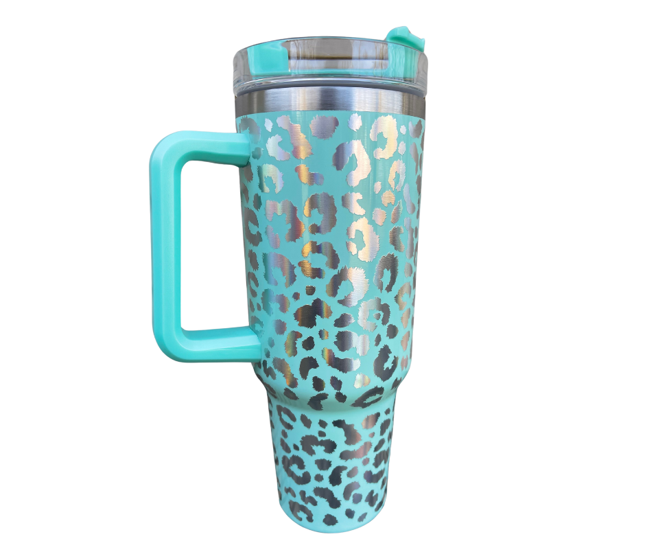 40 OZ Stainless Steel Holographic Leopard Tumbler with Handle & Straw Teal