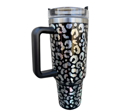 40 OZ Stainless Steel Holographic Leopard Tumbler with Handle & Straw Black