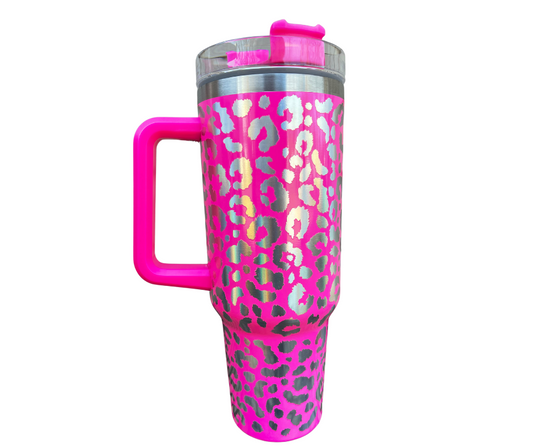 40 OZ Stainless Steel Holographic Leopard Tumbler with Handle & Straw Pink