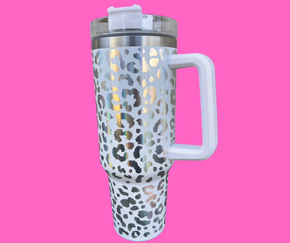 40 OZ Stainless Steel Holographic Leopard Tumbler with Handle & Straw White