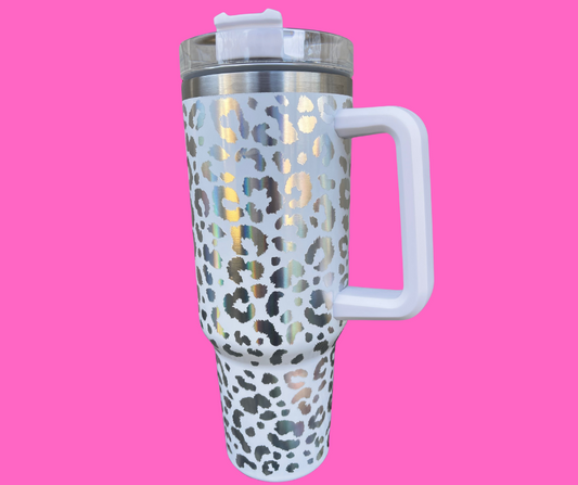 40 OZ Stainless Steel Holographic Leopard Tumbler with Handle & Straw White