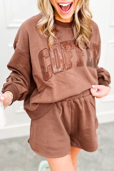 Sequined COFFEE Lounge Set Sweatshirt and Shorts Set