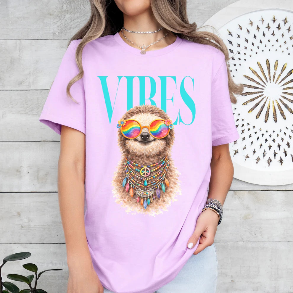 Women's Unisex Summer Vibes Sloth Graphic T-Shirt Comforts Color Tee