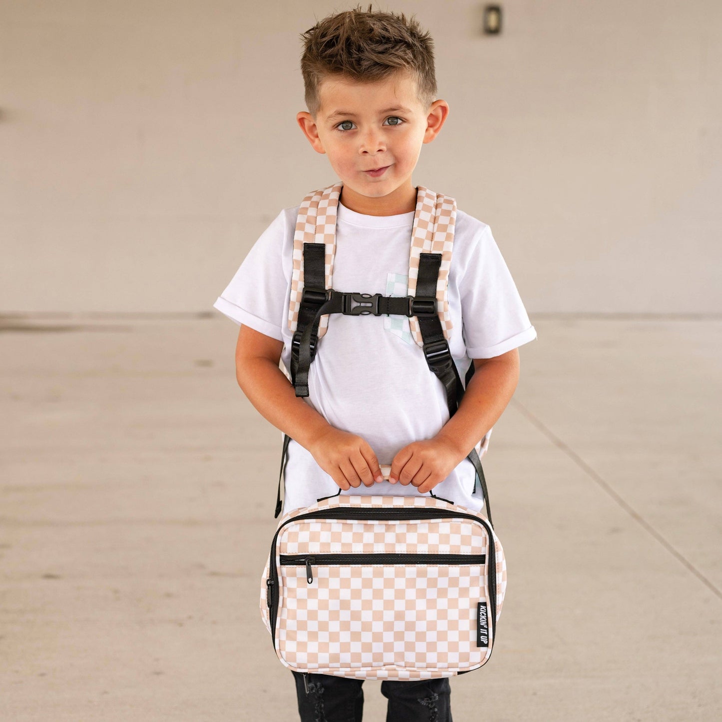 Tan Checkered Lunch Box Bag