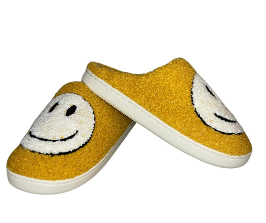 Women's Fuzzy Smiley Face Slippers Mustard and White