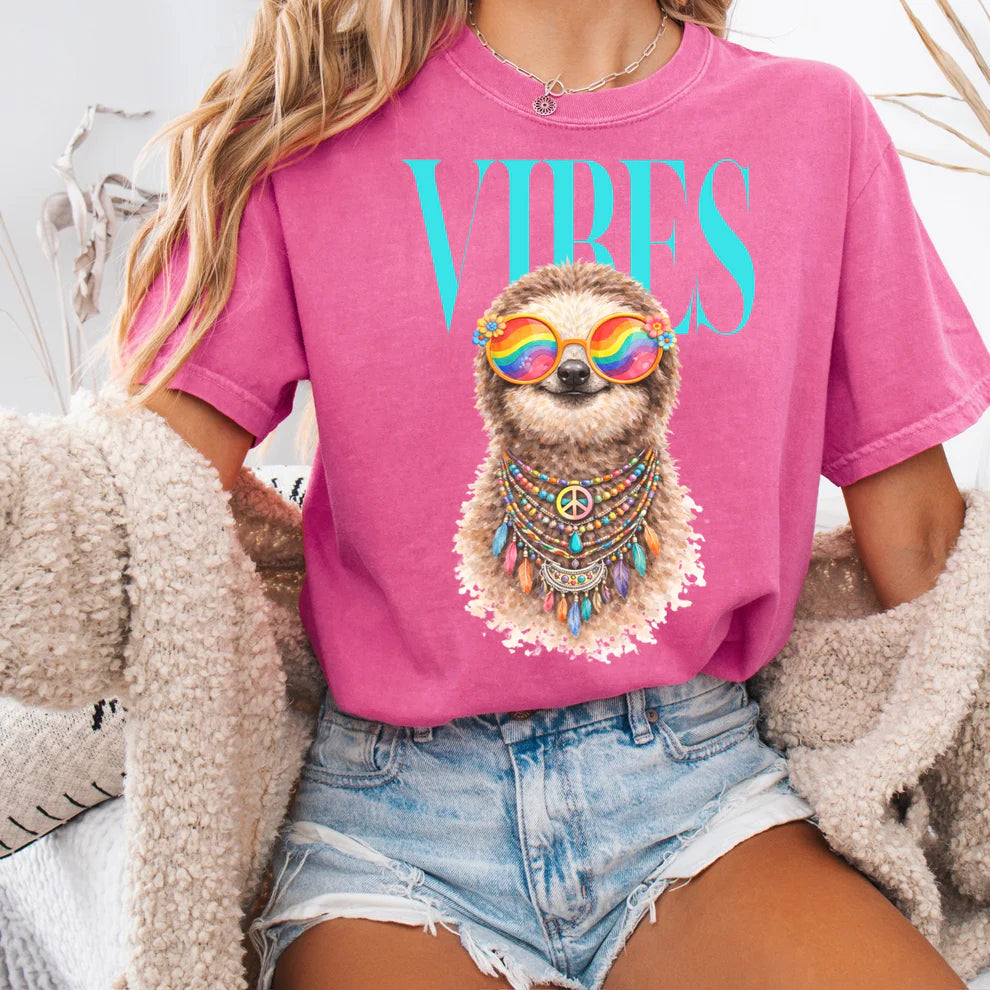 Women's Unisex Summer Vibes Sloth Graphic T-Shirt Comforts Color Tee