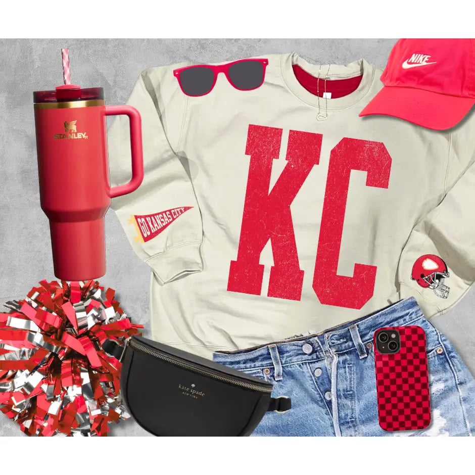 Bold KC Crewneck Sweatshirt with Sleeves Helment Banner Kansas City Football