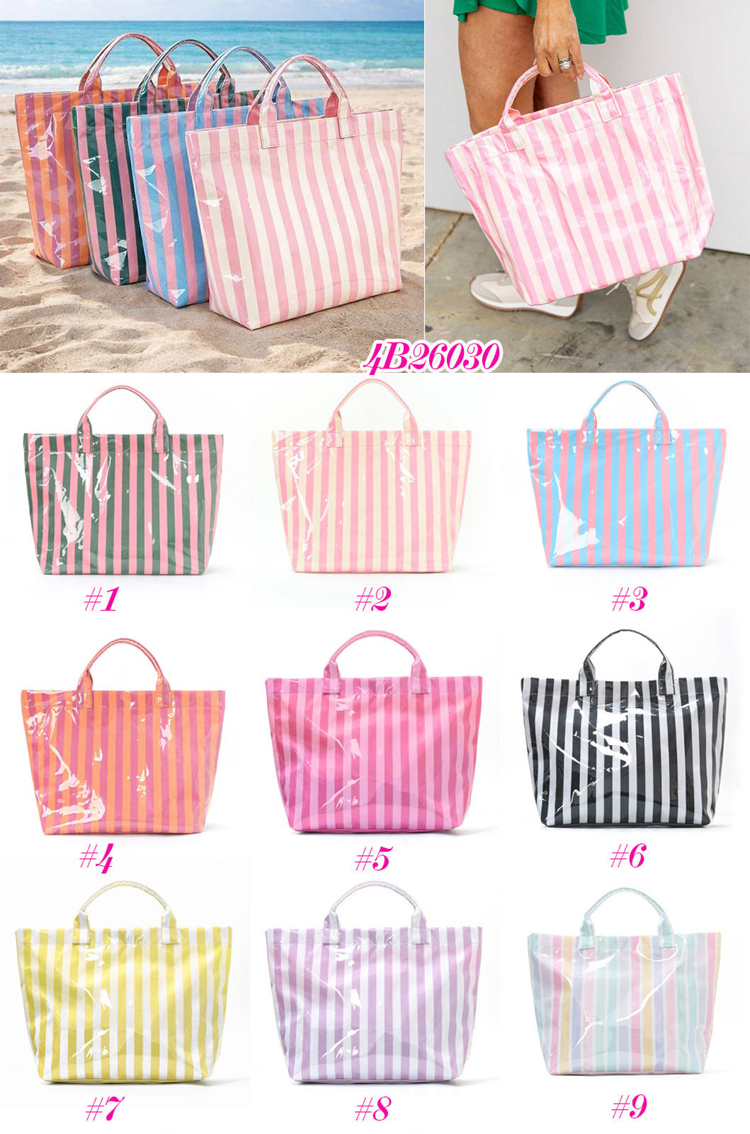 Trending Waterproof Striped PVC Tote Bag Women's Beach Pool Bag