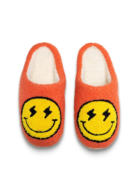 Happy Smiley Face Lightning Bolt Fuzzy Cozy Slippers Color Orange