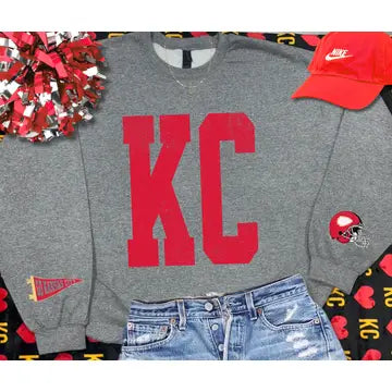 Bold KC Crewneck Sweatshirt with Sleeves Helment Banner Kansas City Football