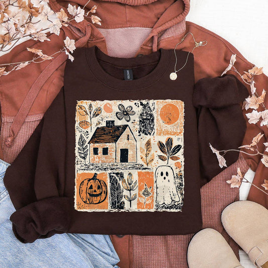 Vintage Rustic Fall Halloween Patchwork Pumpkin Ghost Glidan Crewneck Sweatshirt