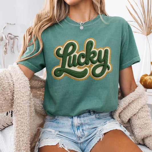 Women's St. Patrick's Day Lucky Faux Yarn Graphic Tee Comfort Colors Brand