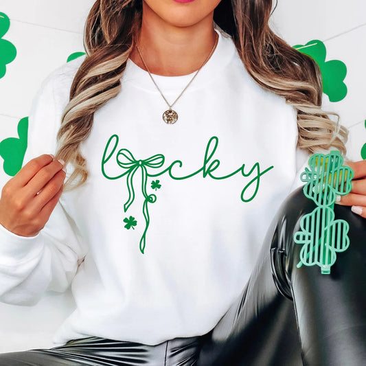 St. Patrick's Day Lucky Clover Bow Women's Graphic Crewneck Sweatshirt