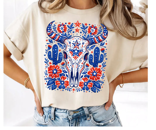 Women's Unisex Floral Patriotic Western Longhorn Skull Graphic T-Shirt Comfort Colors Tee