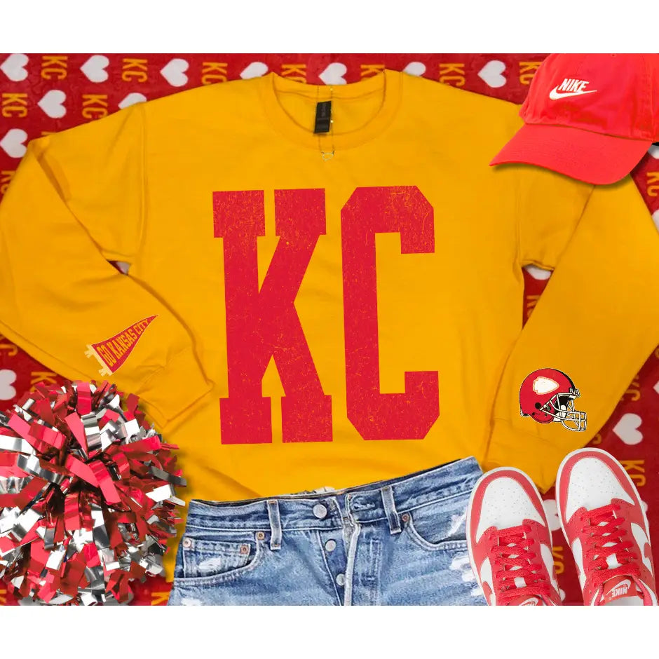 Bold KC Crewneck Sweatshirt with Sleeves Helment Banner Kansas City Football