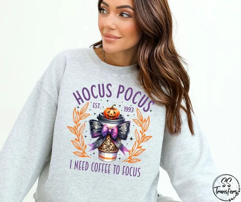 Halloween Hocus Pocus I Need Coffee To Focus Graphic Crewneck Sweatshirt Witchy Humor