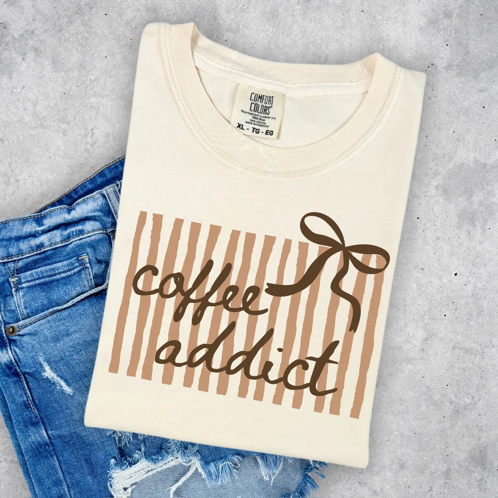 Coffee Addict Bow Stripes Graphic T-Shirt Unisex Comfort Colors Brand Tee
