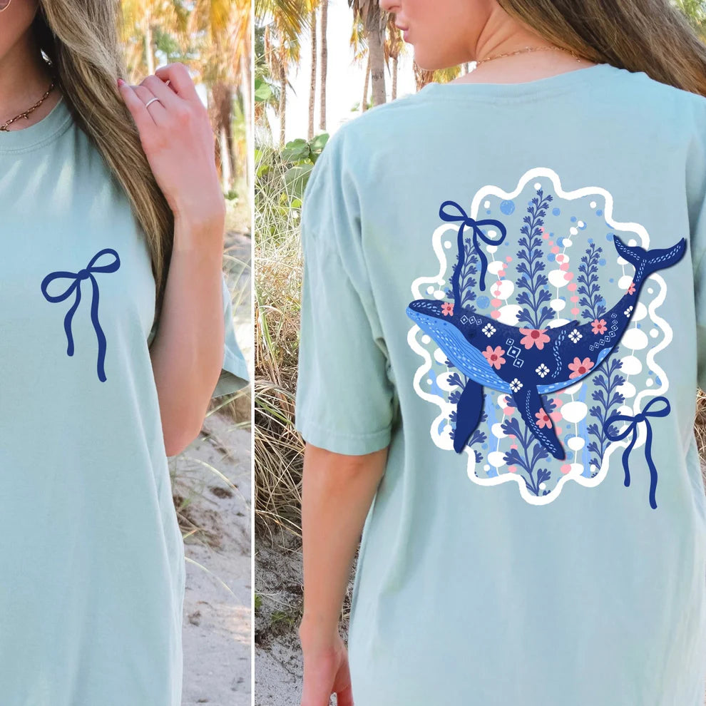 Unisex Comfort Colors Tee Whale Bows Floral Graphic T-Shirt